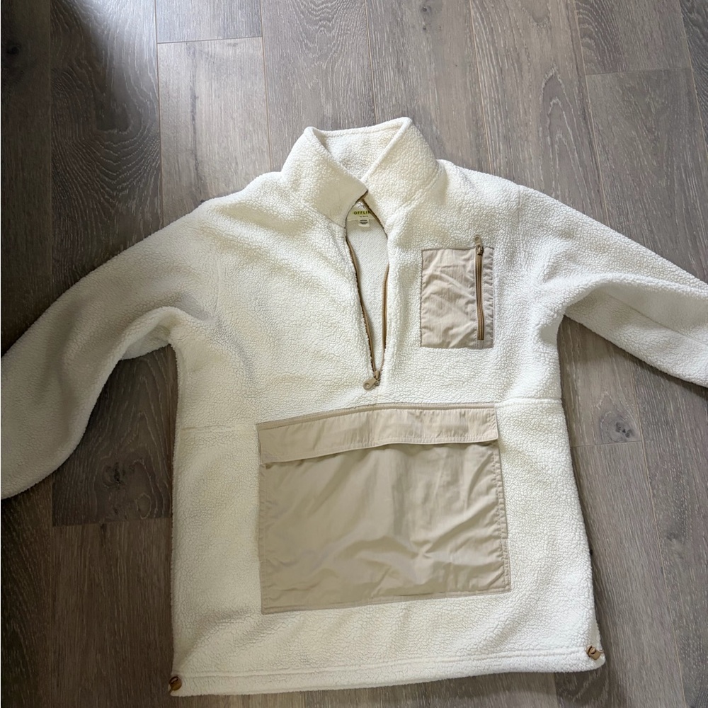 Aerie Men's Zip Up Sweater in Cream and Tan